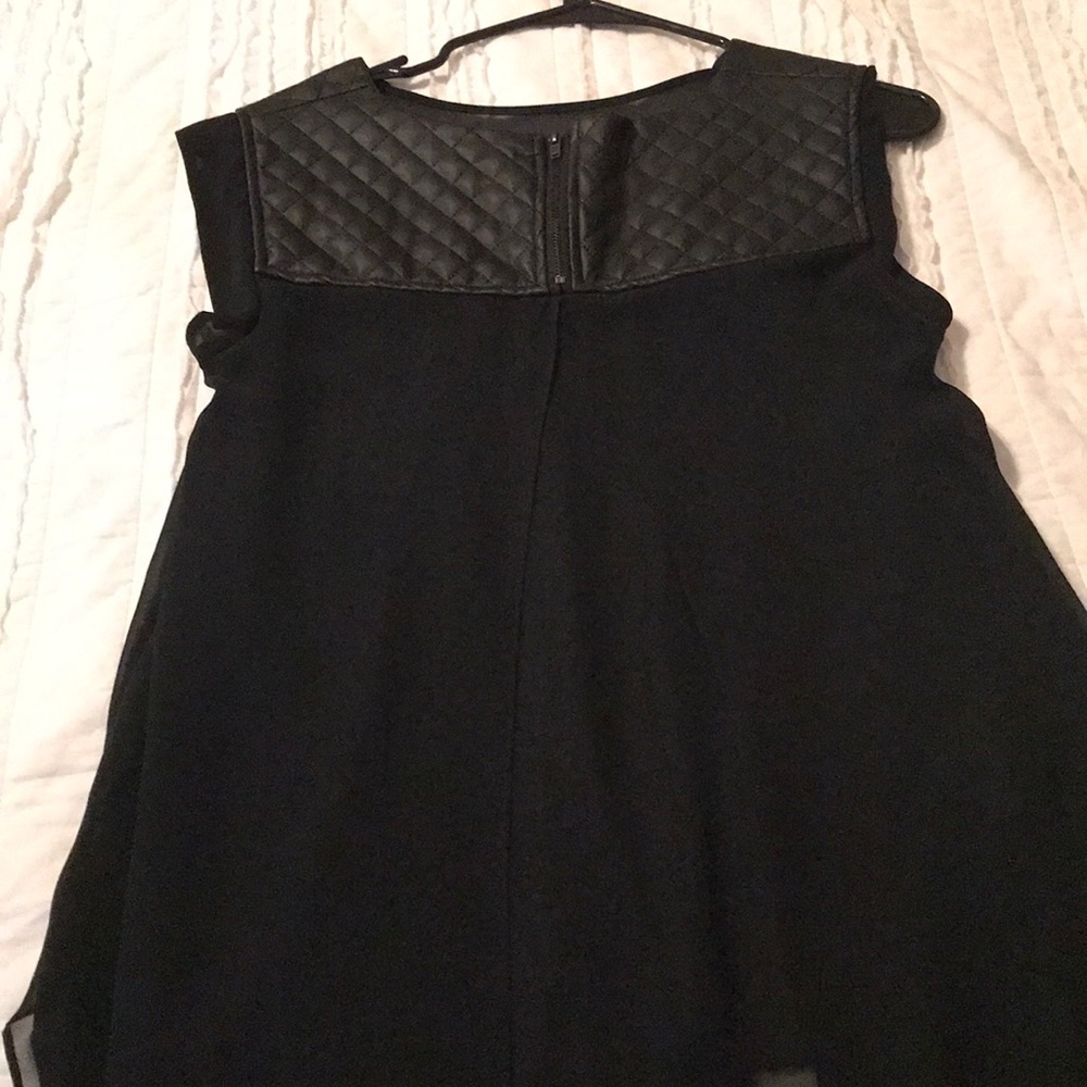 BCBG black tunic with leather detailing